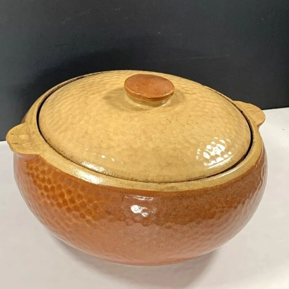 Kla-Ham'rd Stoneware Casserole Dish Lid Brown Tan Ceramic Pot USA Rustic 1940